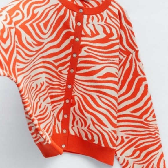 NWT Zara Zebra Orange Sweater Jacket Cardigan  Medium - Picture 9 of 12